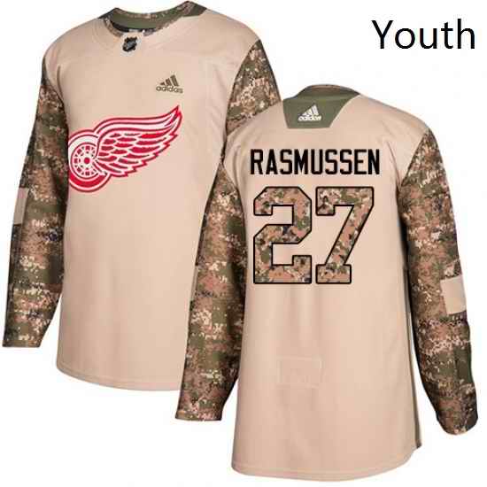 Youth Adidas Detroit Red Wings 27 Michael Rasmussen Authentic Camo Veterans Day Practice NHL Jersey